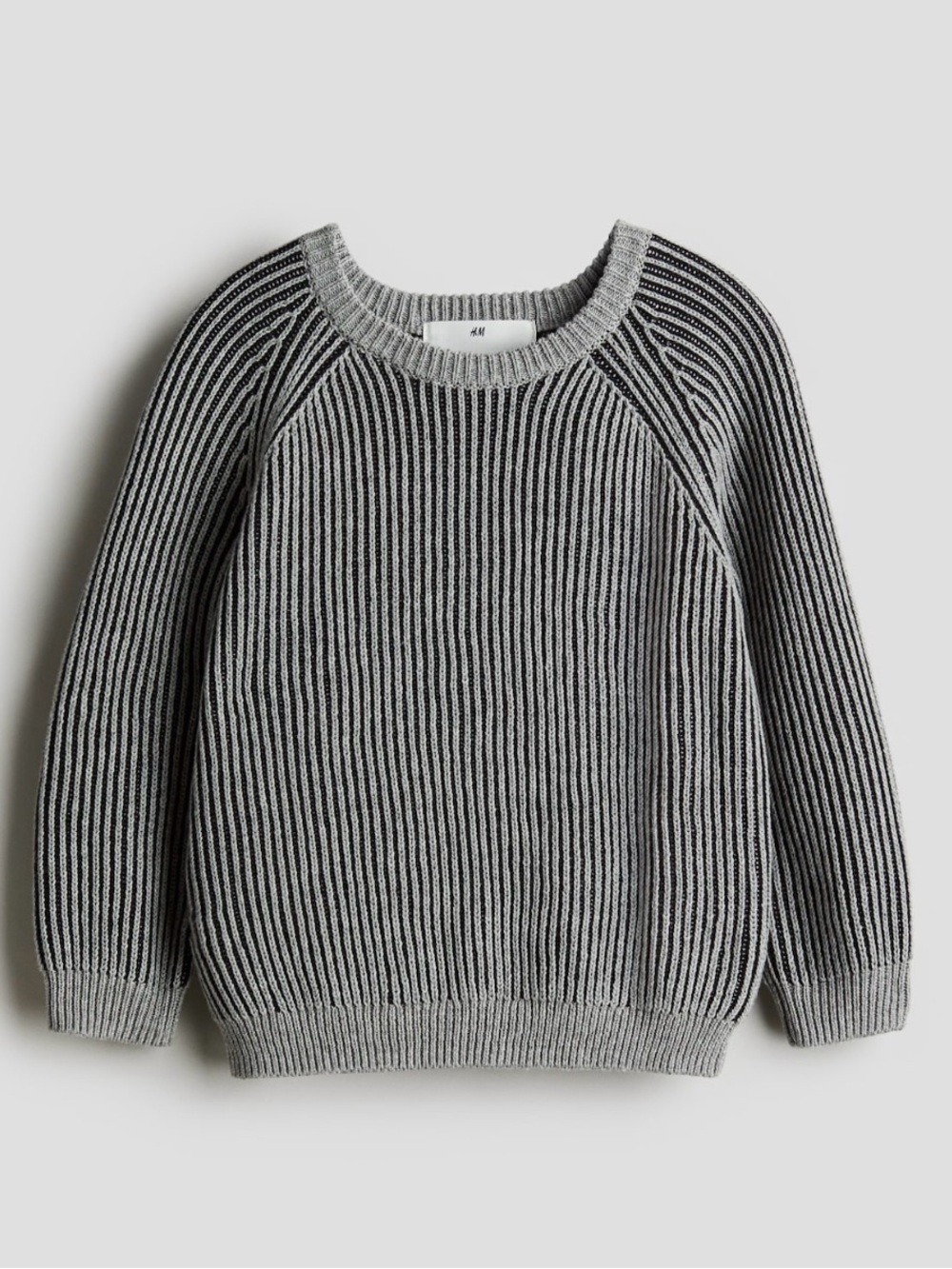 H&M Gray Ribbed Crewneck Sweater with Subtle Black Stripes